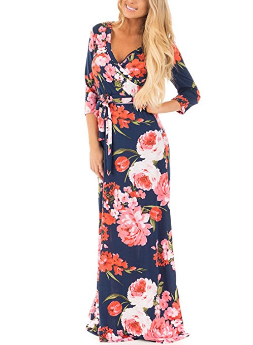 Dokotoo Womens Summer Floral Print Faux Wrap Maxi Long Dresses with Belt