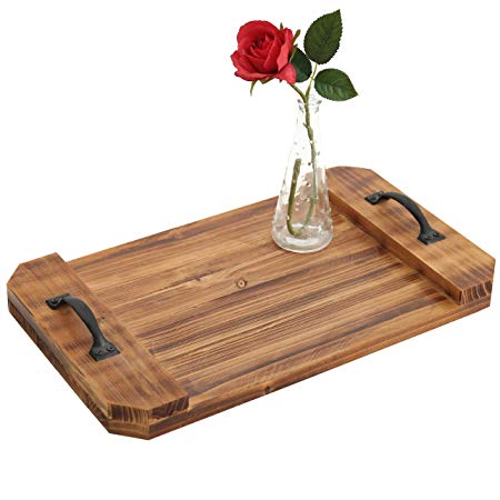 MyGift Burnt Wood Plank Serving Tray with Drawer-Pull Handles