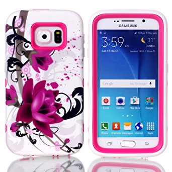 S6 Case, Galaxy S6 Case,Galaxy S6 Armor Case,S6 Back Case [3-in-1 Silicone & Plastic Design] , HKW Purple Flowers Pattern Galaxy S6 Hybrid Hard Soft Durable Bumper Case Armor Case Back Cover Case for Samsung Galaxy S6 Phone Cases Cover [Send Stylus Screen Protector Cleaning Cloth]-(MA0893)