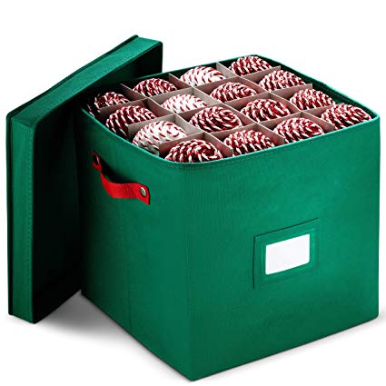 Christmas Ornament Storage Box With Lid - Protect and Keeps Safe Up To 64 Holiday Ornaments & Xmas Decorations Accessories, Durable Non-Woven Ornament Storage Container, 3" Compartments & Two Handles