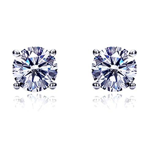 14K White Gold Round Cut Cubic Zirconia Basket Setting Solitaire Stud Earrings (Other Sizes)