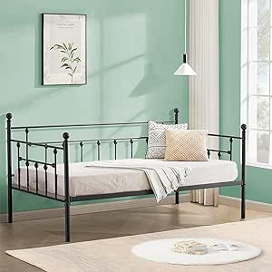 VECELO Twin Size Daybed Frame Metal Steel Slat Support/Strong Legs Headboard/Mattress Foundation