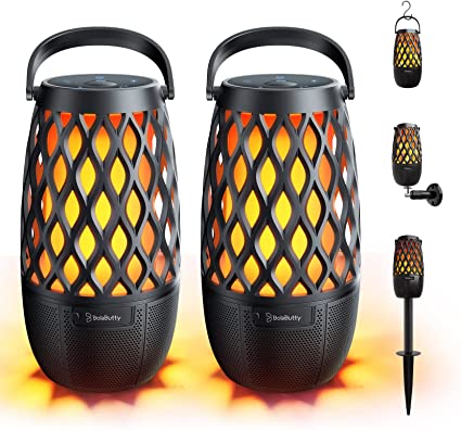 Outdoor/Indoor Bluetooth Speaker, Waterproof Portable Speaker with Lights, Multi-Sync Wireless Connection, Birthday Housewarming Gift Decor for Patio/Yard/Pool, Wall Mount&Stake&Hook Inc. 2 Pack