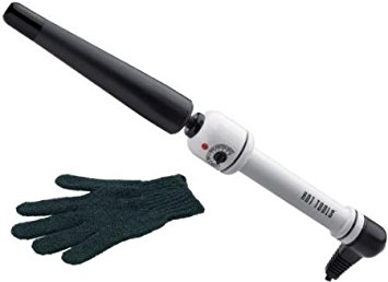 Hot Tools Black & White Nano Ceramic 3/4-1 1/4 Tapered Cone Professional Curling Iron, with Nano Ceramic Barrel, and Rheostat Heat Control Dial, Separate ON/OFF Switch, and Indicator Light, Foldable Safety Stand, Extra Long 8 Ft Tangle Free Swivel Cord, BONUS Heat Resistant Glove Included