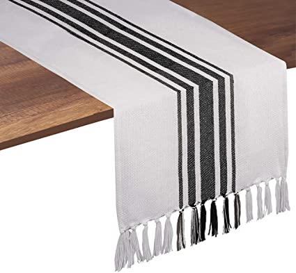 Native Fab Pure Cotton Table Runner Farmhouse 72 Inches Long - Wedding Table Runners with Fringes, Parties Rustic Bridal Shower Decor Dining Table Runners 14x72 Black White