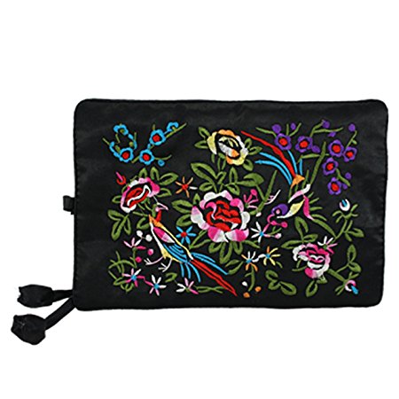 Silky Embroidered Brocade Jewelry Travel Organizer Roll Pouch - Black