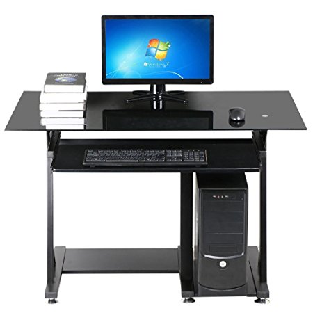 Yaheetech Modern Glass Top Computer Desk Home Office Desk With Keyboard Shelf Black