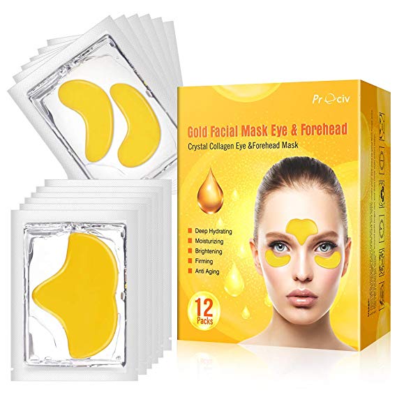 24K Gold Under Eye Mask & Forehead Patches, Collagen Eye Patches Mask Dark Circles Treatment Puffy Eyes Wrinkle, 12 Packs