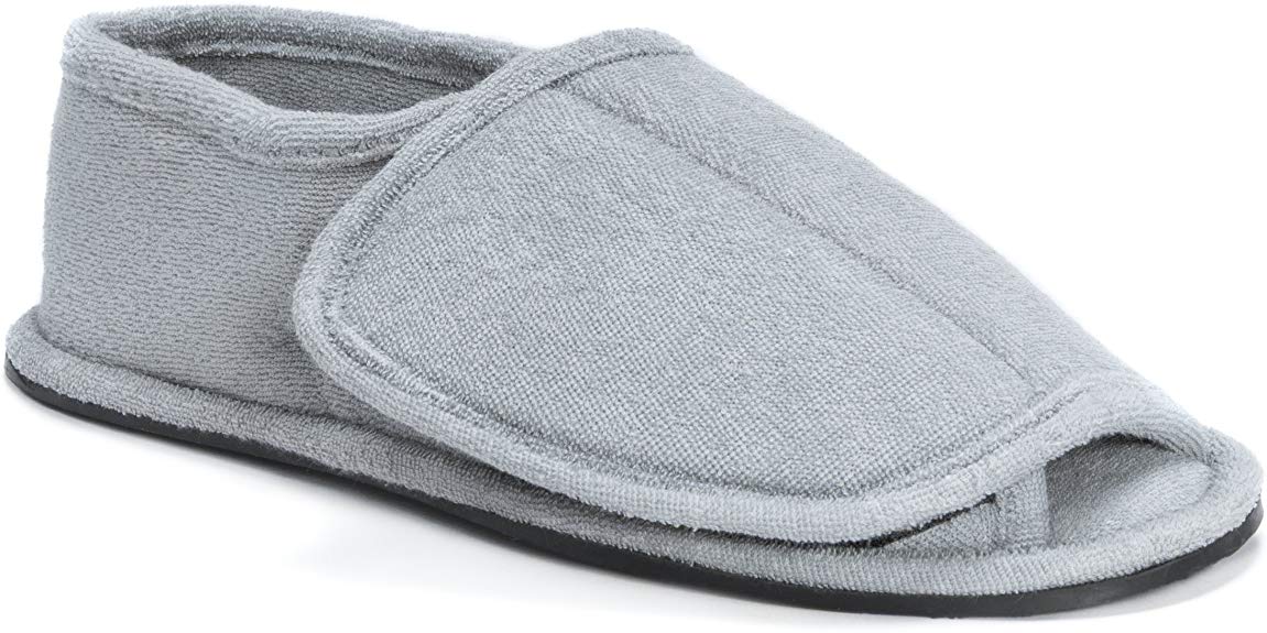 MUK LUKS Men's Terry Adjustable Open Toe Full Foot-Grey Slipper