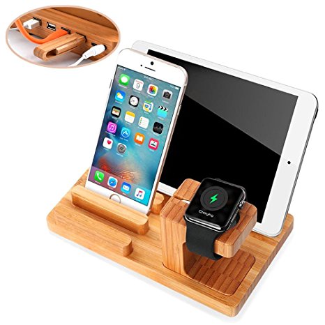 Apple Watch Stand,Phone Stand,Ptuna Bamboo Wood Charging for iPhone,Smart Phone,Apple Watch With 4 Ports USB HUB