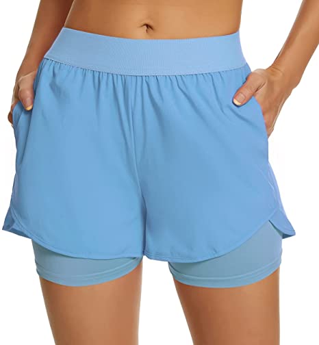 Custer's Night Women Workout Fitness Running Shorts, Double Layer Elastic Waistband Jogging Shorts 2-in-1