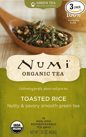 Numi Organic Tea Toasted Rice, Full Leaf Sencha Green Tea, 18-Count non-GMO Tea Bags (Pack of 3)