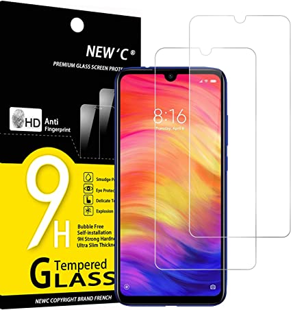 NEW'C 2 Piezas, Protector Pantalla para Xiaomi Redmi Note 7, Redmi Note 7 Pro, Cristal templado Antiarañazos, Antihuellas, Sin Burbujas, Dureza 9H, 0.33 mm Ultra Transparente, Ultra Resistente