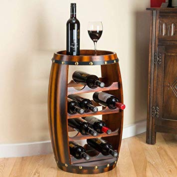 Christow 14 Bottle Barrel Wine Rack, Wooden Storage Holder Stand, Oak Effect Finish, Free Standing, Display Table, 64.5cm x 34cm x 34cm