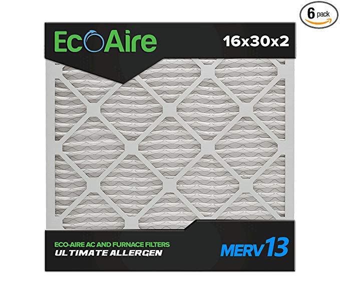 Eco-Aire 16x30x2 MERV 13, Pleated Air Filter, 16x30x2, Box of 6, Made in the USA
