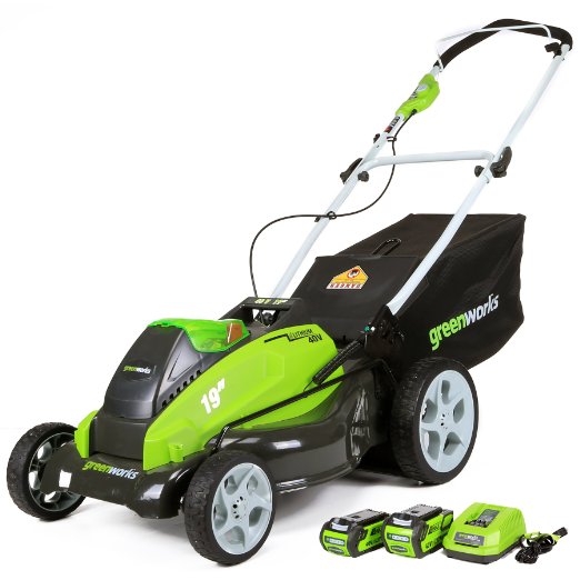 GreenWorks 25223 G-MAX 40V Li-Ion 19-Inch Cordless Lawn Mower w 1 4Ah 1 2Ah Batteries and Charger