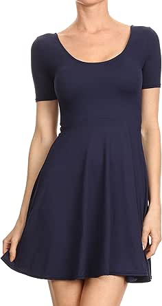 ICONOFLASH Juniors Short Sleeve Scoop Neck Fit and Flare Skater Dress - Casual Jersey Knit A-Line Dress