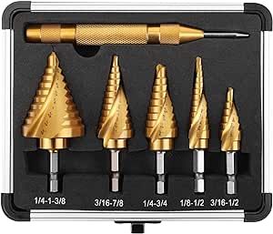 COMOWARE Hex Shank HSS Step Drill Bit with Two Spiral Flutes and Impact Readiness - Ideal for Metal, Stainless Steel, Aluminum, Wood, and Plastic,Total 50 Sizes with Aluminum Case