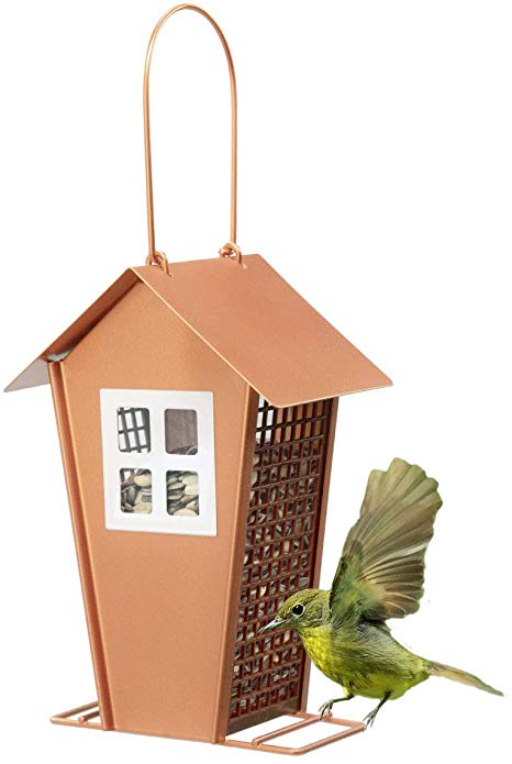 LIMEIDE Bird Feeders House for Outside Weatherproof Country House Design for Easy Cleaning & Refills, Comes with Hook to Hang on Tree, Poles in Backyard Garden Patio Gift idea for Parents (Copper)