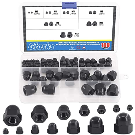 Glarks 100Pcs 7 Sizes Black Nylon Dome Acorn Bolt Cup Nuts Set, M3, M4, M5, M6, M8, M10, M12 Hex Protector Cap Assortment Kit for Protecting Hexagon Shaped Threads Rods Studs and Bolts