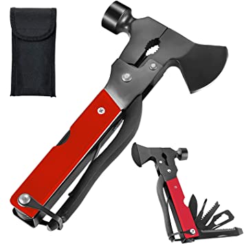 Multitool Camping Hammer Axe Hiking Emergency Survival Multitool 16 in 1 with Folding Mini Knife Saw Screwdrivers Hatchet Plier Gift for Men Dad Husband (Red)