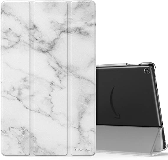 MoKo Case for Amazon Fire HD 10 Tablet (7th and 9th Generation, 2017 and 2019 Release) 10”, Tri-Fold Stand Shell Cover with Translucent Frosted Back for Fire HD 2019 and 2017 - White Marble