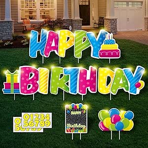 Happy Birthday Yard Signs with Stakes - 2 x LED Lights and Personalized Signs with 20 Number Stickers - 16" Large Birthday Yard Signs Colourful Outdoor Lawn Decorations,REUSABLE,WEATHERPROOF