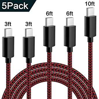 TNSO USB Type C Cable 5Pack (3/3/6/6/10FT) USB C Cable Nylon Braided Type Cable Fast Charging for Samsung Galaxy S10/ S9 / S9 ,LG V30 V20 and More (Black&Red)