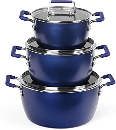 Granitestone Nesting Stock 6 Piece Multipurpose Stockpot Set, Ultra Nonstick Coating, 100% PFOA Free, 5qt, 3qt & 1.5qt Pots with Tempered Glass Lids, Dishwasher Safe, Blue