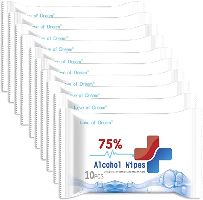 Alcohol Formula Wipes (10Pack=100pieces),75% Alcohol Cotton Slices Sterile Gauze Pads Individually Wrapped Swap Wet Wipe for Outdoor Skin Cleaning Care PNO01
