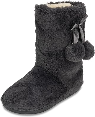 Polar Womens Faux Fur Slipper Boots - Memory Foam Indoor Bootie Slipper with Anti-Slip Rubber Sole - Soft and Fluffy House Slipper with Cute Pompoms - Ankle Boot Slippers