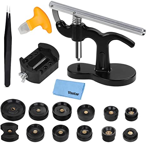 Vastar Watch Press, Professional 18 PCS Watch Press Tool Kit with 12 Dies, Tweezers for Watch Back Remover Closer Repair and Battery Replacement