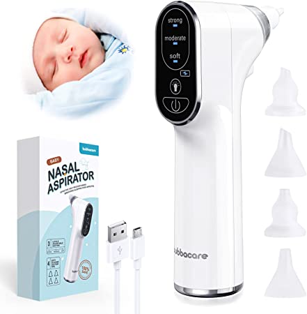 Bubbacare Nasal Aspirator Baby, Electric Baby Nose Cleaner 3 Suction Levels with LED Light, Rechargeable Snot Sucker 4 Silicone Tips for Newborns and Toddlers, White#1103