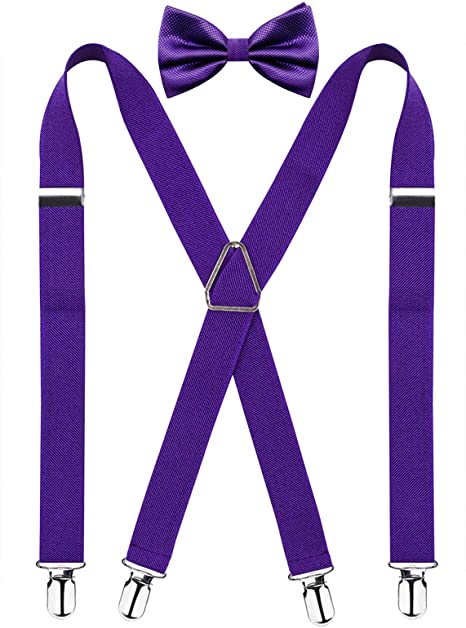 Alizeal Men's 4 Clips Suspenders and Pre Tied Bow Tie Set Solid Color