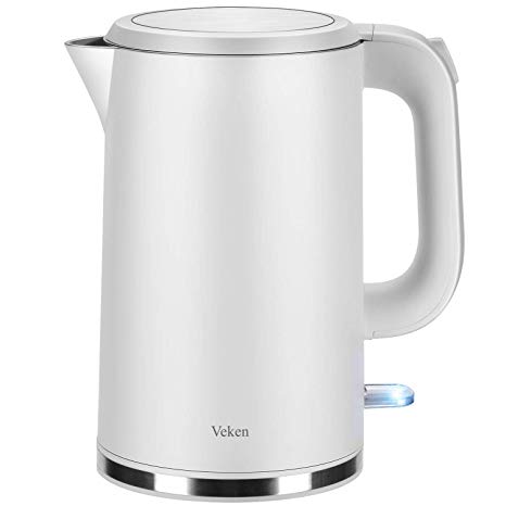 Veken Electric Kettle, 1.7L Double Wall 100% Stainless Steel Tea Water Heater Boiler, BPA-Free Cool Touch with Auto Shut-Off & Boil Dry Protection, 1.8Qt, White