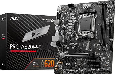 MSI PRO A620M-E ProSeries Motherboard (AMD AM5, DDR5, PCIe 4.0, SATA 6Gb/s, M.2, USB 3.2 Gen 1, Gbps LAN, DVI/HDMI, mATX)