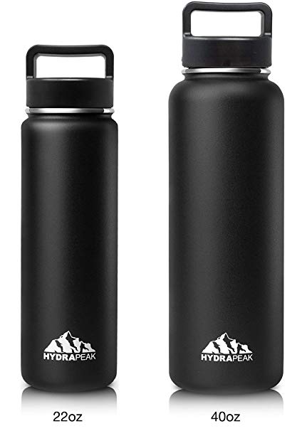 Hydrapeak Stainless Insulated Water Bottle- 22oz, 40oz, BPA Free Wide Mouth, Double Walled, Flask with Handle Lid.