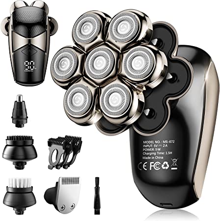 Detachable Head Shavers for Men, SHPAVVER 5-in-1 Electric Razor, IPX7 Waterproof Head Shaver for Bald Men, Wet/Dry LED Display Rechargeable 7D Rotary Shaver Grooming Kit with Type-C Charge (A)