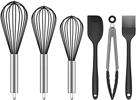 Ouddy (Upgraded) 6 Pack Silicone Whisk Set, Wire Kitchen Wisk Whisks for Cooking, Blending, Whisking, Beating, Stirring with Silicone Spatula, Basting Brush, Silicone Tongs, Black