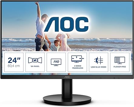 AOC 24B3HM - 24 Inch FHD Monitor, 75Hz, VA, 4ms, FreeSync, Low Blue light, Flicker Free, Frameless design (1920 x 1080 @ 75Hz, 250 cd/m, HDMI , VGA)