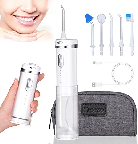 Cordless Water Dental Flosser for Teeth Cleaning, Yoobao Collapsible Oral Irrigator with Travel Case, 5 Tips & 5 Modes, Portatble Rechargeable Water Teeth Cleaner Picks for Gums, Braces Care (White)