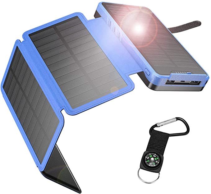 IEsafy Solar Charger 26800mAh, Outdoor Solar Power Bank with 4 Foldable Solar Panels and 2 High-Speed Charging Ports for Smartphones, Tablets, Samsung, iPhone with Waterproof LED Flashlight(Blue)
