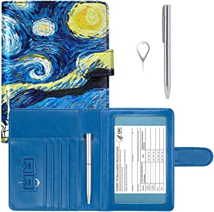 Passport Holder UPGRADED VERSION - HOTCOOL Leather Passport and Vaccine Card Holder Combo Slot Wallet Travel Cover Case, with 11 Pockets, Pen and Pin, RFID Blocking and Magnetic Closure, Starry Night