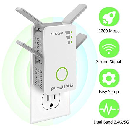 WiFi Range Extender, P-JING Signal Booster Wireless Repeater 2.4GHz 5GHz Dual Band Up to 1200 Mbps - Internet WiFi Amplifier Work for Home House 360 Degree Full Coverage