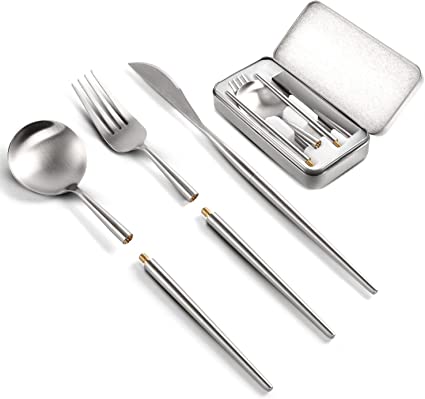 Odoland Stainless Steel Camping Utensils Set, 4 Piece Reusable Travel Cutlery Set with Knife Spoon Fork and Case, Portable Flatware Silverware for Lunch, School, Picnic, Workplace