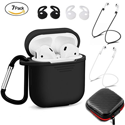 Airpods Case Protective Silicone Cover - Aeifond 7 In 1 Waterproof Airpods Accessories Kits with Airpods Ear Hook Airpods Anti-lost Staps Airpods Clips Skin Tips Grips for Apple Airpods (Black)