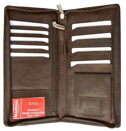 RFID Blocking Zip Around Leather Travel Wallet with Passport and Boarding pass Holder by Marshal