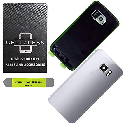 Cell4Less Compatible Back Glass Cover Back Door w/Installed Camera Lens, Custom Removal Tool & Installed Adhesive Replacement Compatible & Fits The Samsung Galaxy S7 - All Carriers G930 (Silver)