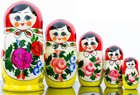 Russian Nesting Doll - Semenovo - Hand Painted in Russia - Traditional Matryoshka Babushka (6``(5 Dolls in 1) Red-Yellow)