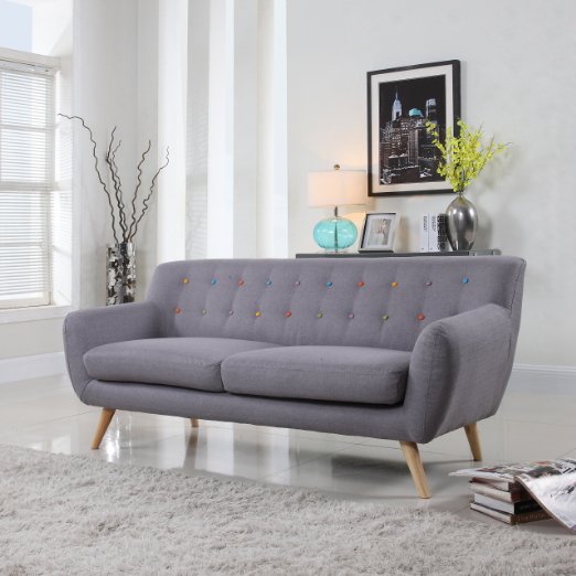 Mid-Century modern tufted linen fabric loveseat in various colors - polo blue, blue, light grey, yellow and red (Light Grey with Multi Color Buttons)